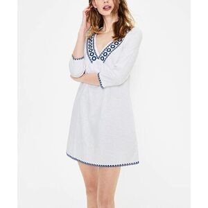 Boden White Rosanna Jersey Tunic Dress Blue embroidered trim detail size US 8